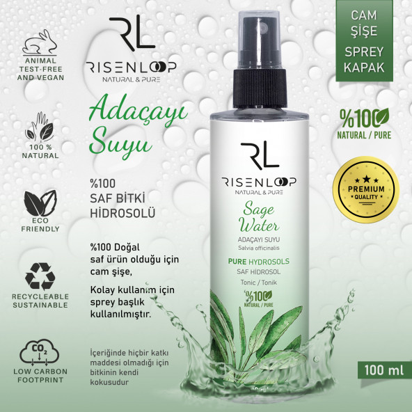 RisenLoop Adaçayı Suyu %100 Saf Doğal Hidrosol Tonik Cam Şişe Salvia Officinatlis 1.Distilasyon 100ml