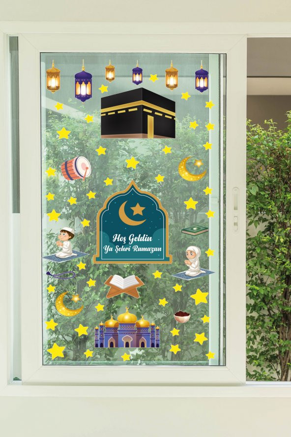 Ramazan Ayı Temalı Süsleme, Kabe Ve Ramazan Figürleri Cam Duvar Sticker Seti
