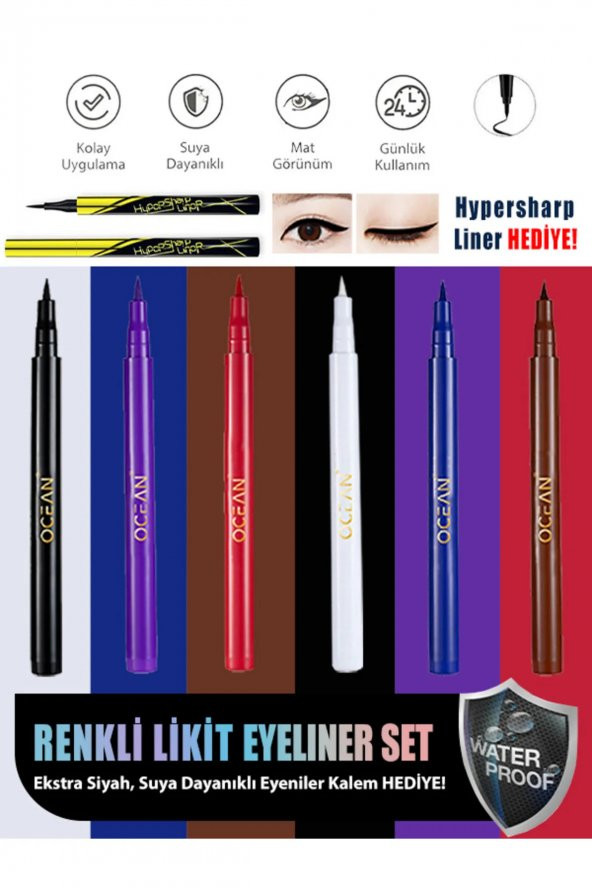 Eyeliner Seti , Likit Kalem Eyeliner, Suya Dayanıklı, Yoğun Pigmentli 6 Renk