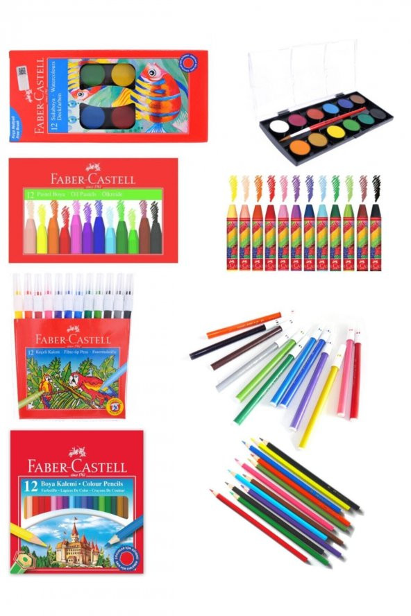 Faber Castell Okul Seti 3 - Kuru Boya, Suluboya, Keçeli Kalem, Pastel Boya ( 12 Renk )
