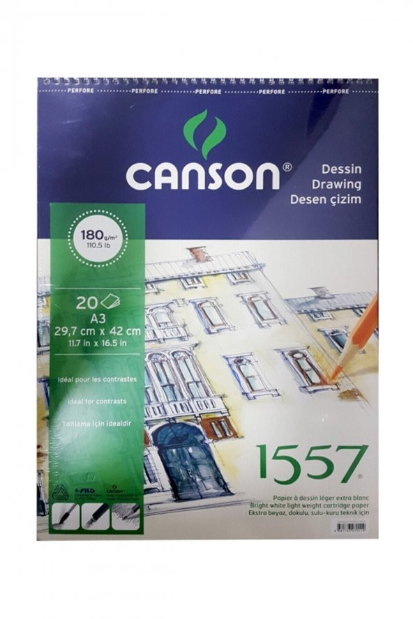 Canson 1557 180 gr A3 Ebad 20 Yaprak Üstten Spiralli Blok