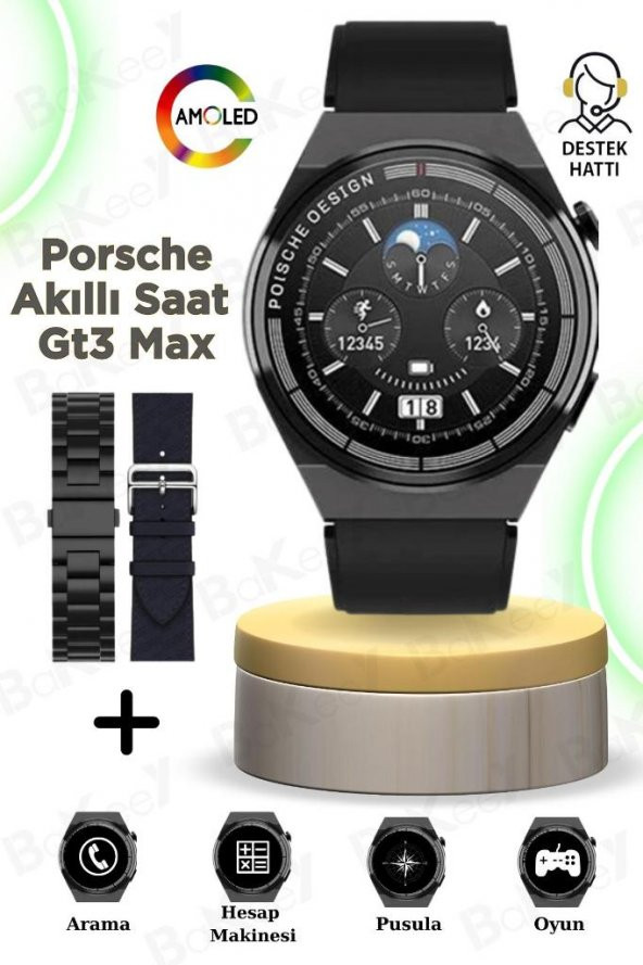 Porsche Akıllı Saat Gt3 Max 3 Kordonlu Full Özellikli 45mm Hd Ekran iOS Android Uyumlu Siyah Watch 8