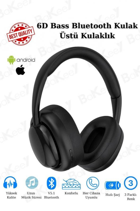 6D Bass Kulak Üstü Konforlu Her Cihazla Uyumlu Bluetooth Kablosuz Kulaklık