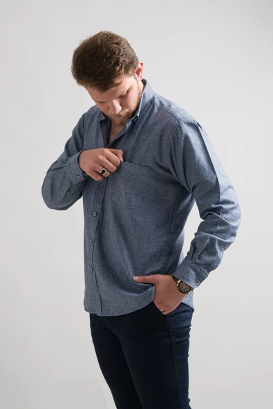 Rahat Kesim Cepli Yaka Düğmeli Bitik Kareli Kışlık Kumaş Erkek Gömlek - Resim 2