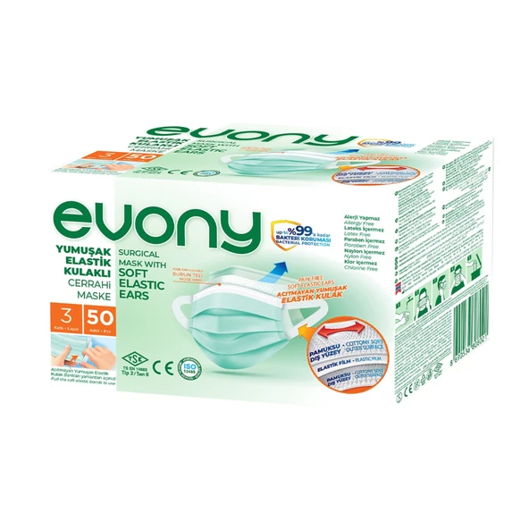 Evony Yumuşak  Elastik Kulaklı Cerrahi Maske 3 Katlı  50 Adet