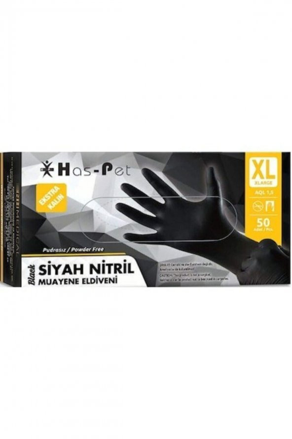 Ekstra Kalın Siyah Nitril Pudrasız Muayene Eldiveni Xlarge 50li