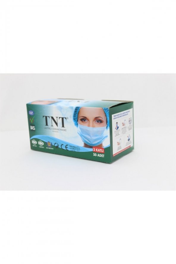 Tnt 3 Katlı Cerrahi Maske 50 Li Kutu Burun Telli Lastikli Kokusuz 3 Katman