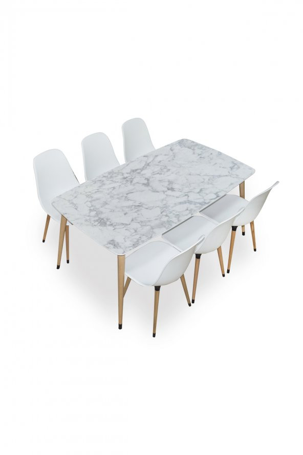 Yemek Masası Mutfak Masası 90x167 Cm Ahşap Ayaklı Beyaz Masa, 6 Adet Abant Ahşap Ayaklı Sandalye - 1