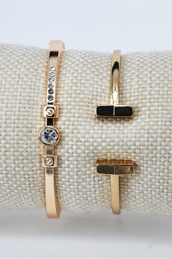 Altın Renk Tiffany Model T Uçlu Desenli & Büyük Taşlı Kelepçe Bileklik Set SU-883 ürün görseli 1