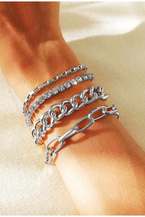 Gümüş Renk Taşlı 4 Adet Kombin Bileklik Şık Sade SU-753 ürün görseli 1