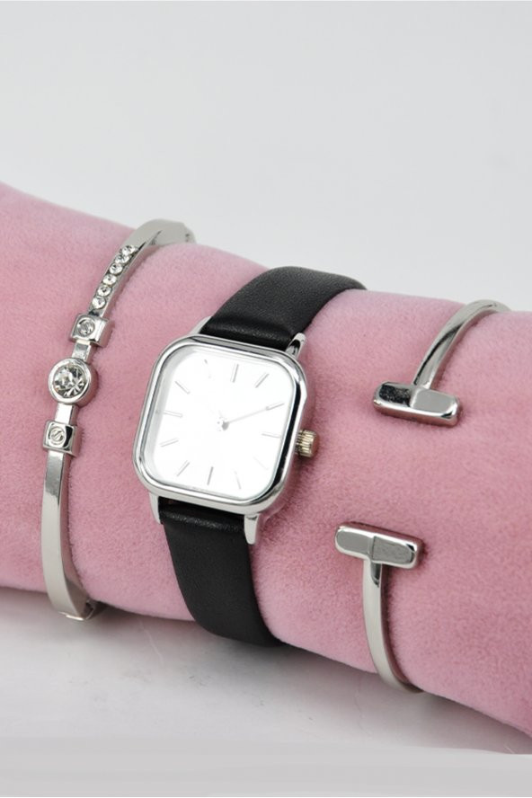 Siyah Yumuşak Deri Kordonlu Gümüş Kasa Şık Kadın Kol Saati & Yanındaki Bileklikler SU-857 ürün görseli 1