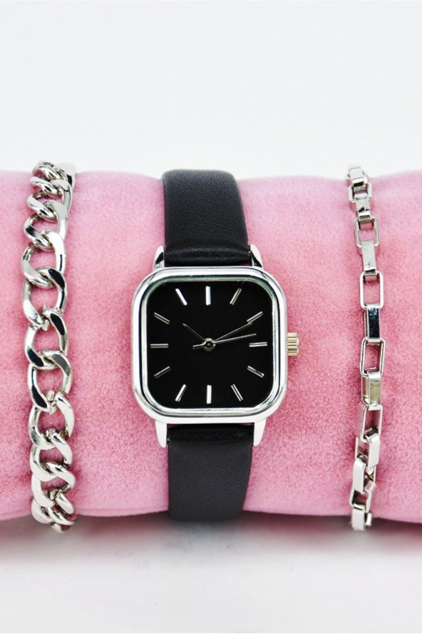 Siyah Renk Deri Kordonlu Minimal Renk Kasa Vintage Kadın Kol Saati & Yanındaki Bileklikler SU-860 - Resim 2