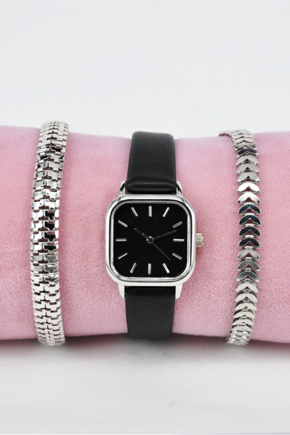 Gümüş Kasa Siyah Deri Kordon Siyah Kadran Genç Kız Kadın Kol Saati & Yanındaki Bileklikler SU-867 - Resim 2