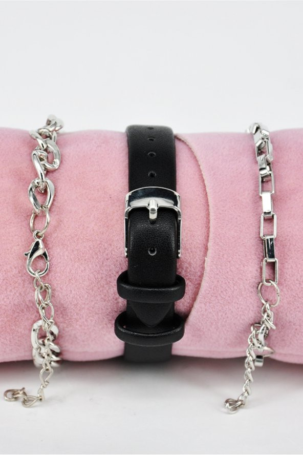 Siyah Renk Deri Kordonlu Minimal Renk Kasa Vintage Kadın Kol Saati & Yanındaki Bileklikler SU-860 - Resim 3