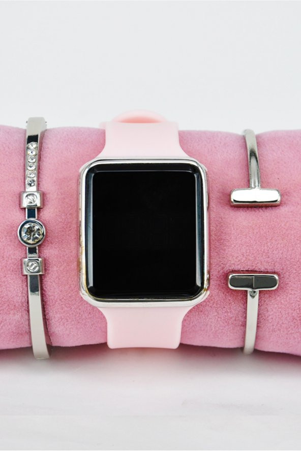 Pembe Silikon Kordonlu Dokunmatik Genç Kız Kadın Kol Saati & Yanındaki Bileklikler SU-859 - 2