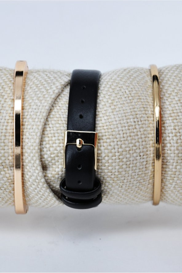 Siyah Renk Deri Kordonlu Takvimli Altın Renk Kasa Kadın Kol Saati & Yanındaki Bileklikler SU-862 - Resim 3