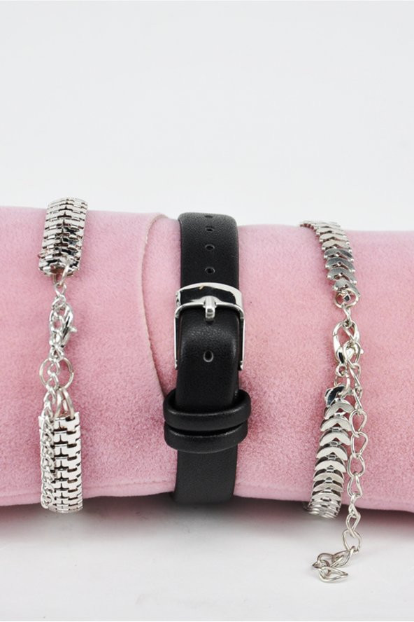 Gümüş Kasa Siyah Deri Kordon Siyah Kadran Genç Kız Kadın Kol Saati & Yanındaki Bileklikler SU-867 - Resim 3