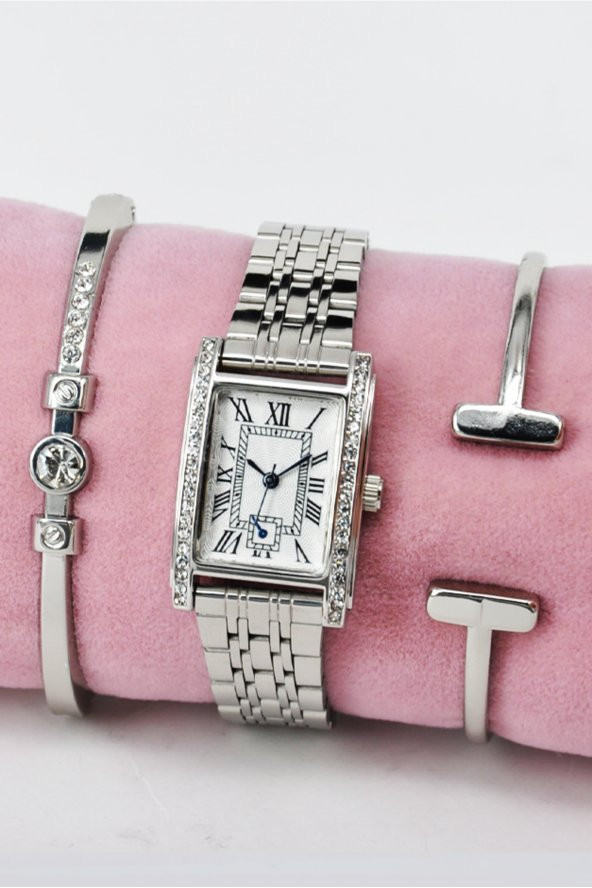 Gümüş Renk Roma Rakamlı Vintage Şık Analog Kadın Kol Saati & Yanındaki Bileklikler SU-855 ürün görseli 1