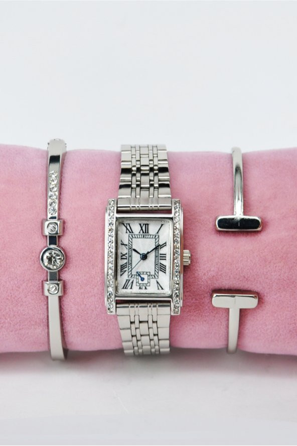 Gümüş Renk Roma Rakamlı Vintage Şık Analog Kadın Kol Saati & Yanındaki Bileklikler SU-855 - Resim 2