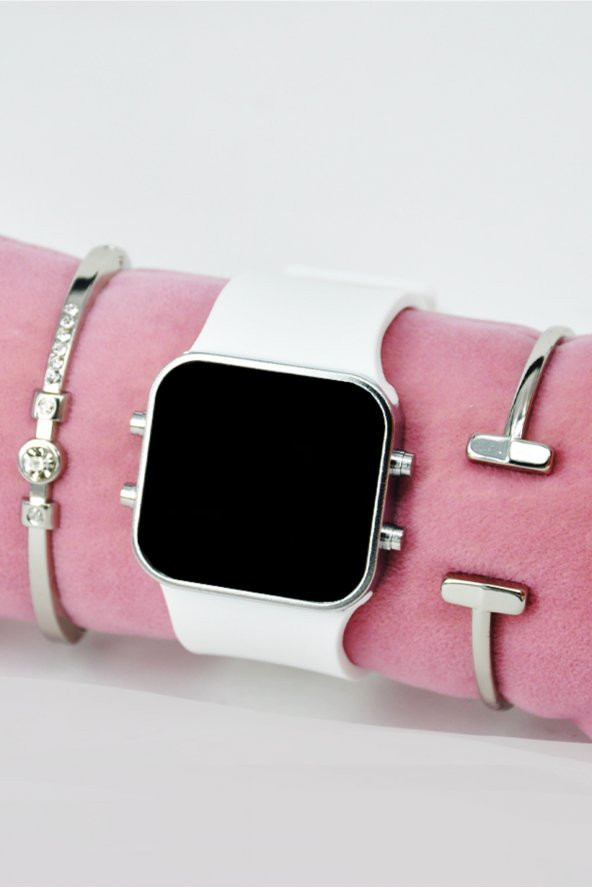 Beyaz Silikon Kordonlu Büyük Kasa Geniş Kordon Unisex Kol Saati & Yanındaki Bileklikler SU-854 - Resim 2