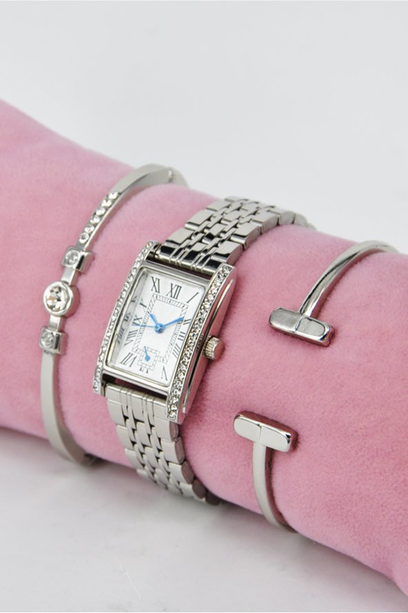 Gümüş Renk Roma Rakamlı Vintage Şık Analog Kadın Kol Saati & Yanındaki Bileklikler SU-855 - Resim 3