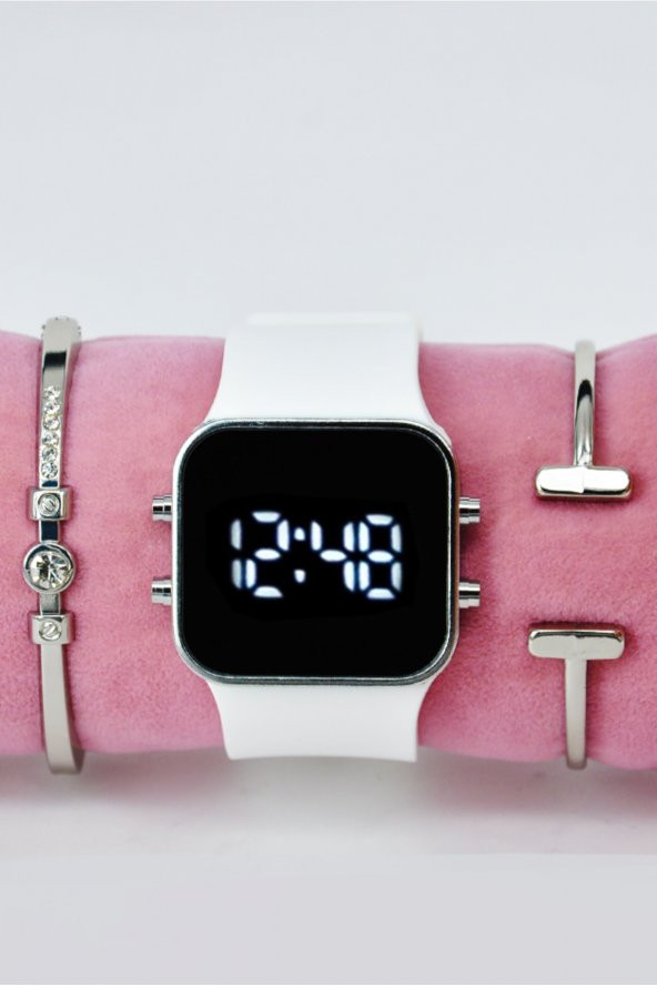 Beyaz Silikon Kordonlu Büyük Kasa Geniş Kordon Unisex Kol Saati & Yanındaki Bileklikler SU-854 - Resim 3