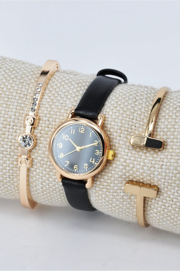 Retro Kadın Kol Saati Siyah Kadran Altın Renk Kasa Şık Zarif Sade & Yanındaki Bileklikler SU-847 ürün görseli 1