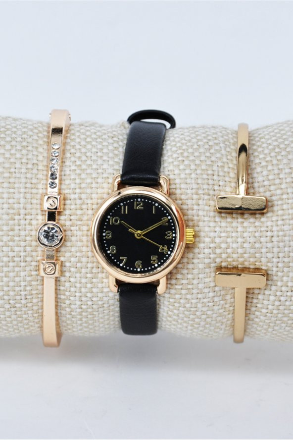 Retro Kadın Kol Saati Siyah Kadran Altın Renk Kasa Şık Zarif Sade & Yanındaki Bileklikler SU-847 - Resim 2