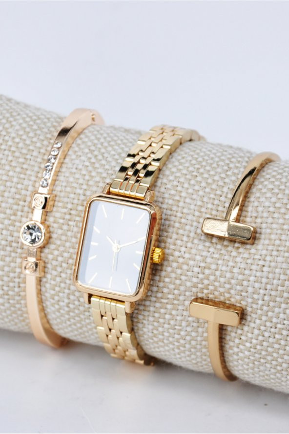 Kadın Kol Saati Vintage Altın Renk Siyah Renk Kadran Şık Sade Zarif & Yanındaki Bileklikler SU-844 ürün görseli 1