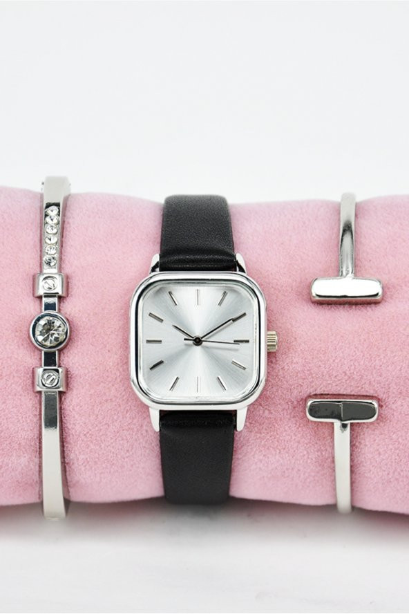 Siyah Yumuşak Deri Kordonlu Gümüş Kasa Şık Kadın Kol Saati & Yanındaki Bileklikler SU-857 - Resim 2