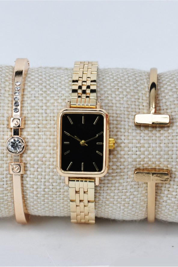 Kadın Kol Saati Vintage Altın Renk Siyah Renk Kadran Şık Sade Zarif & Yanındaki Bileklikler SU-844 - Resim 2