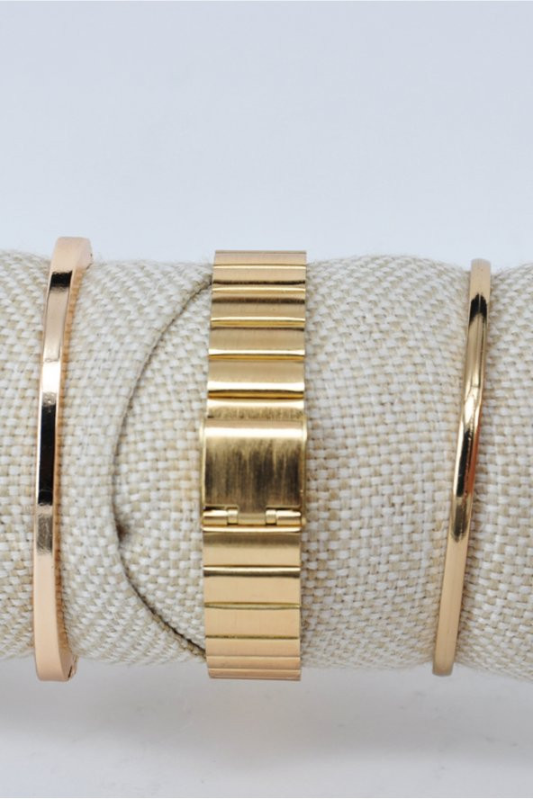 Altın Renk Beyaz Kadran Ayarlanır Kordonlu Şık Kadın Kol Saati & Yanındaki Bileklikler SU-843 - 2