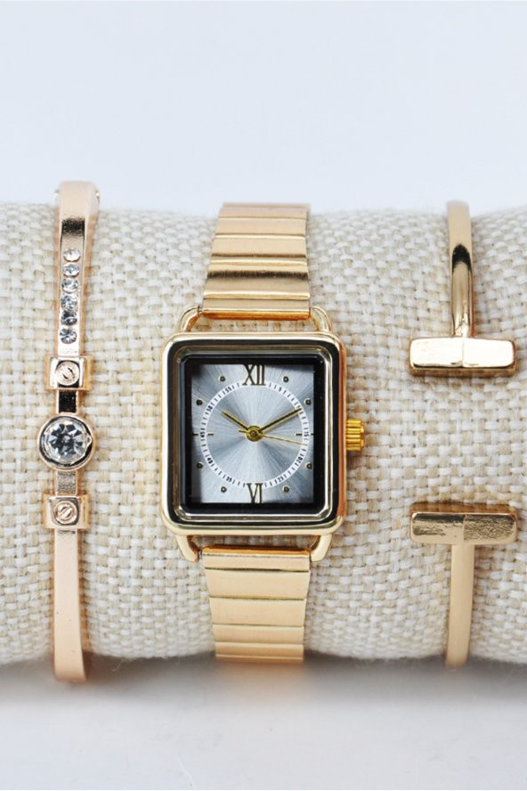Altın Renk Minimal Kare Kasa Beyaz Kadran Roma Rakam Kadın Kol Saat & Yanındaki Bileklikler SU-845 - Resim 2