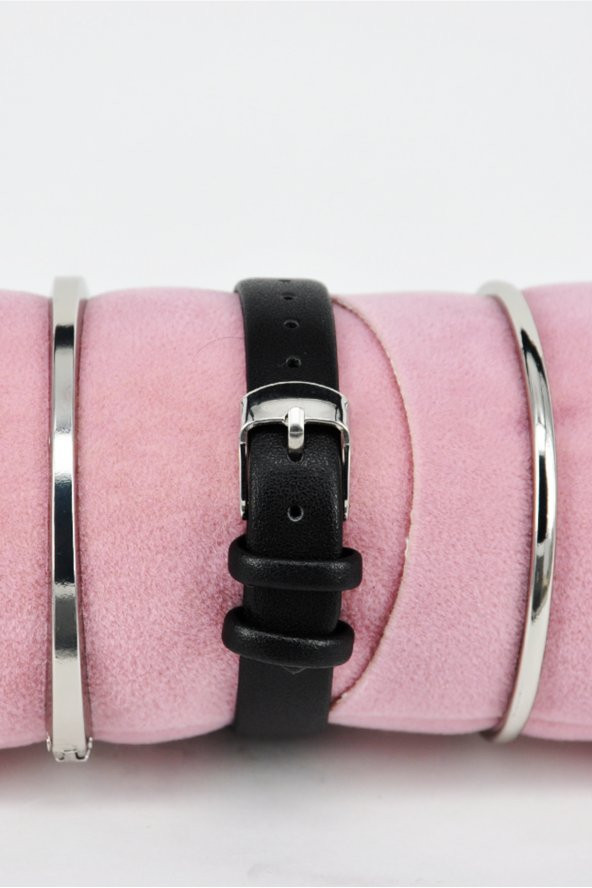 Siyah Yumuşak Deri Kordonlu Gümüş Kasa Şık Kadın Kol Saati & Yanındaki Bileklikler SU-857 - Resim 3