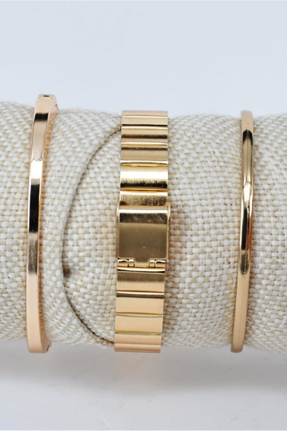 Altın Renk Minimal Kare Kasa Beyaz Kadran Roma Rakam Kadın Kol Saat & Yanındaki Bileklikler SU-845 - Resim 3