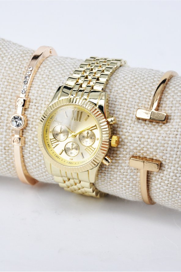 Full Altın Renk Roma Rakam Şık Sade Kadın Kol Saati & Yanındaki Bileklikler SU-840 ürün görseli 1