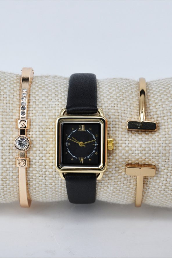 Altın Renk Kasa Siyah Deri Kordonlu Vintage Retro Kol Saati & Yanındaki Bileklikler SU-851 - Resim 2