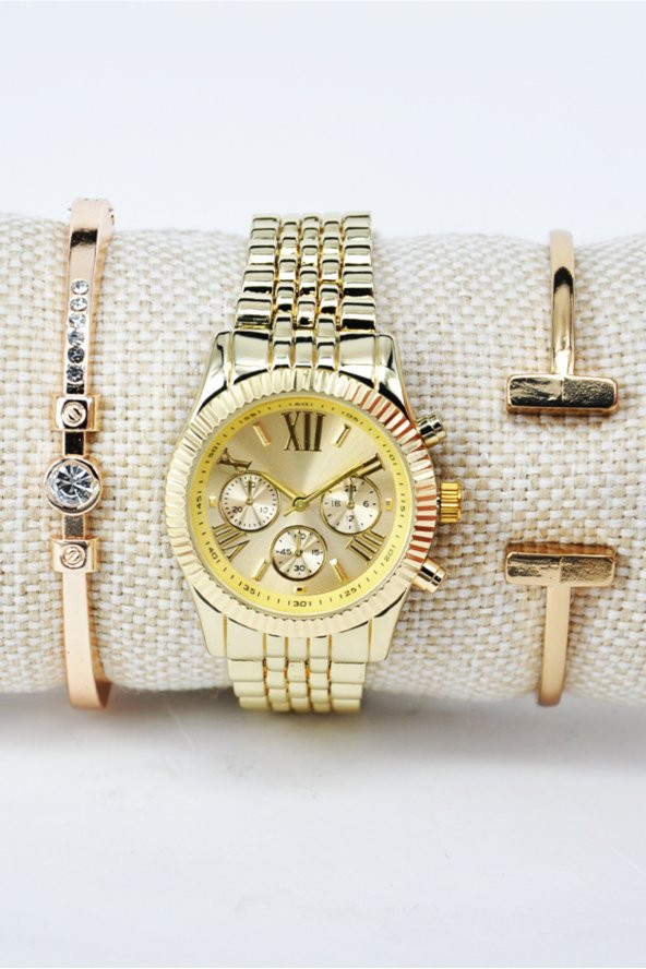 Full Altın Renk Roma Rakam Şık Sade Kadın Kol Saati & Yanındaki Bileklikler SU-840 - Resim 2