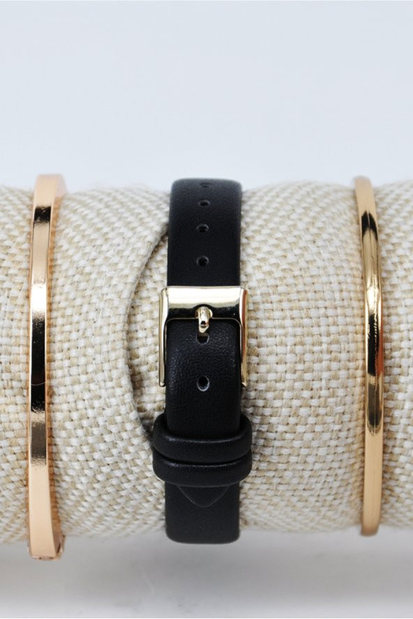 Altın Renk Kasa Siyah Deri Kordonlu Vintage Retro Kol Saati & Yanındaki Bileklikler SU-851 - Resim 3