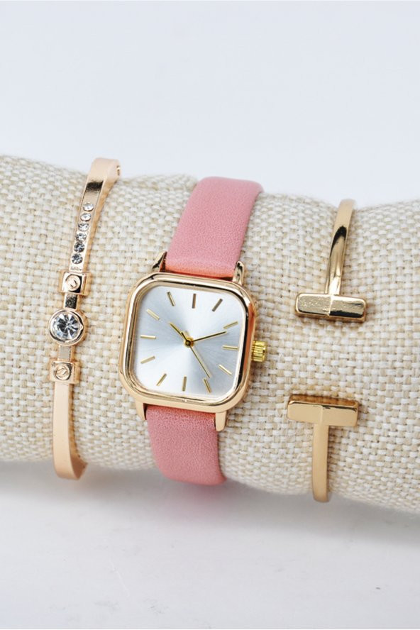 Altın Renk Kare Kasa Pembe Deri Kordon Hediyelik Kadın Kol Saati & Yanındaki Bileklikler SU-835 ürün görseli 1