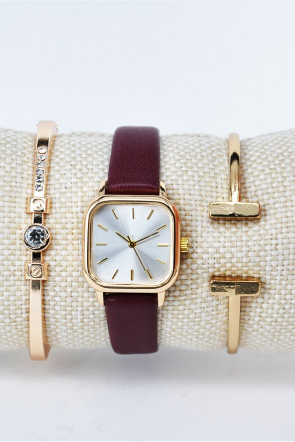 Altın Renk Kare Kasa Bordo Deri Kordon Hediyelik Kadın Kol Saati & Yanındaki Bileklikler SU-839 - 2