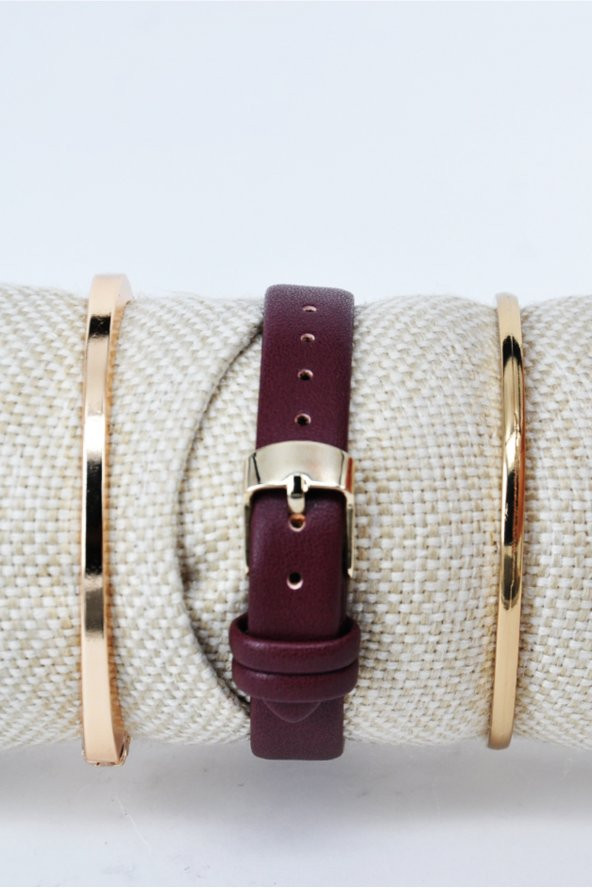 Altın Renk Kare Kasa Bordo Deri Kordon Hediyelik Kadın Kol Saati & Yanındaki Bileklikler SU-839 - 3