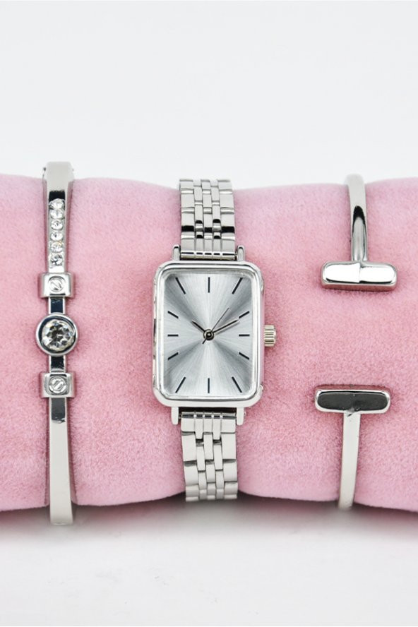 Gümüş Renk Dikdörtgen Kasa Vintage Kadın Kol Saat & Yanındaki Bileklikler SU-831 - 2