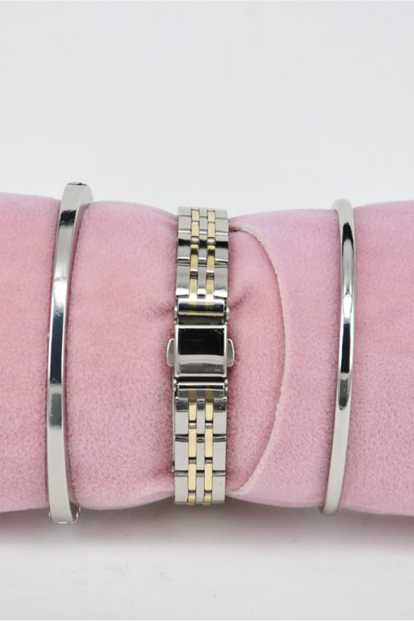 Vintage Kadın Kol Saati Gümüş Altın Renk Kordon Gümüş Renk Kadran & Yanındaki Bileklikler SU-829 - 2