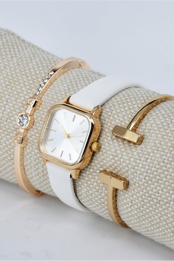 Altın Renk Kare Kasa Beyaz Deri Kordon Hediyelik Kadın Kol Saati & Yanındaki Bileklikler SU-828