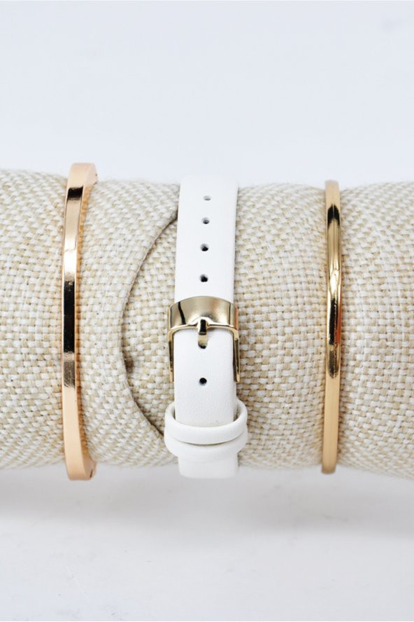 Altın Renk Kare Kasa Beyaz Deri Kordon Hediyelik Kadın Kol Saati & Yanındaki Bileklikler SU-828 - 3
