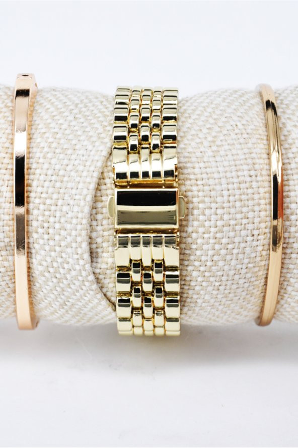 Full Altın Renk Roma Rakam Şık Sade Kadın Kol Saati & Yanındaki Bileklikler SU-840 - Resim 3