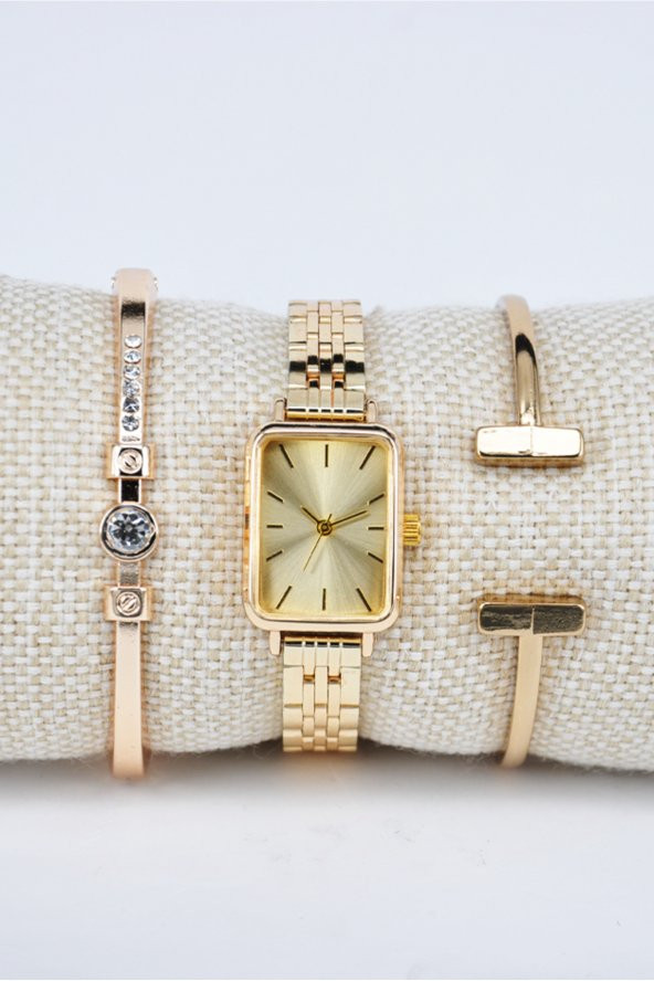 Altın Renk Full Gold Kordon Vintage Minimal Kasa Kol Saati & Yanındaki Bileklikler SU-825 - 2