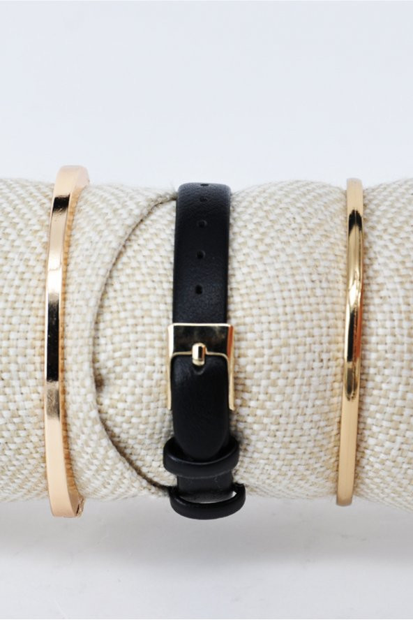 Retro Kadın Kol Saati Siyah Kadran Altın Renk Kasa Şık Zarif Sade & Yanındaki Bileklikler SU-847 - Resim 3