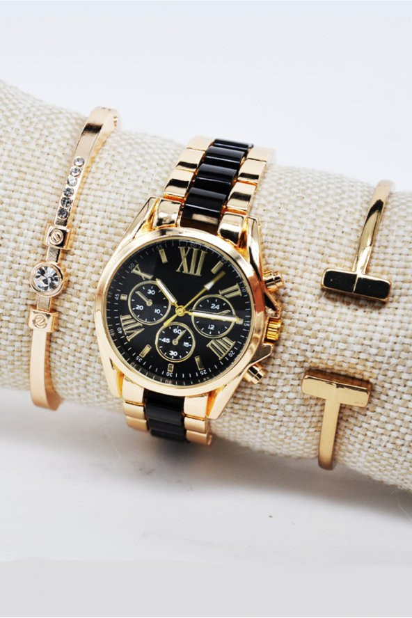 Altın Siyah Renk Kordon Roma Rakamlı Kadın Kol Saati & Yanındaki Bileklikler SU-820 ürün görseli 1